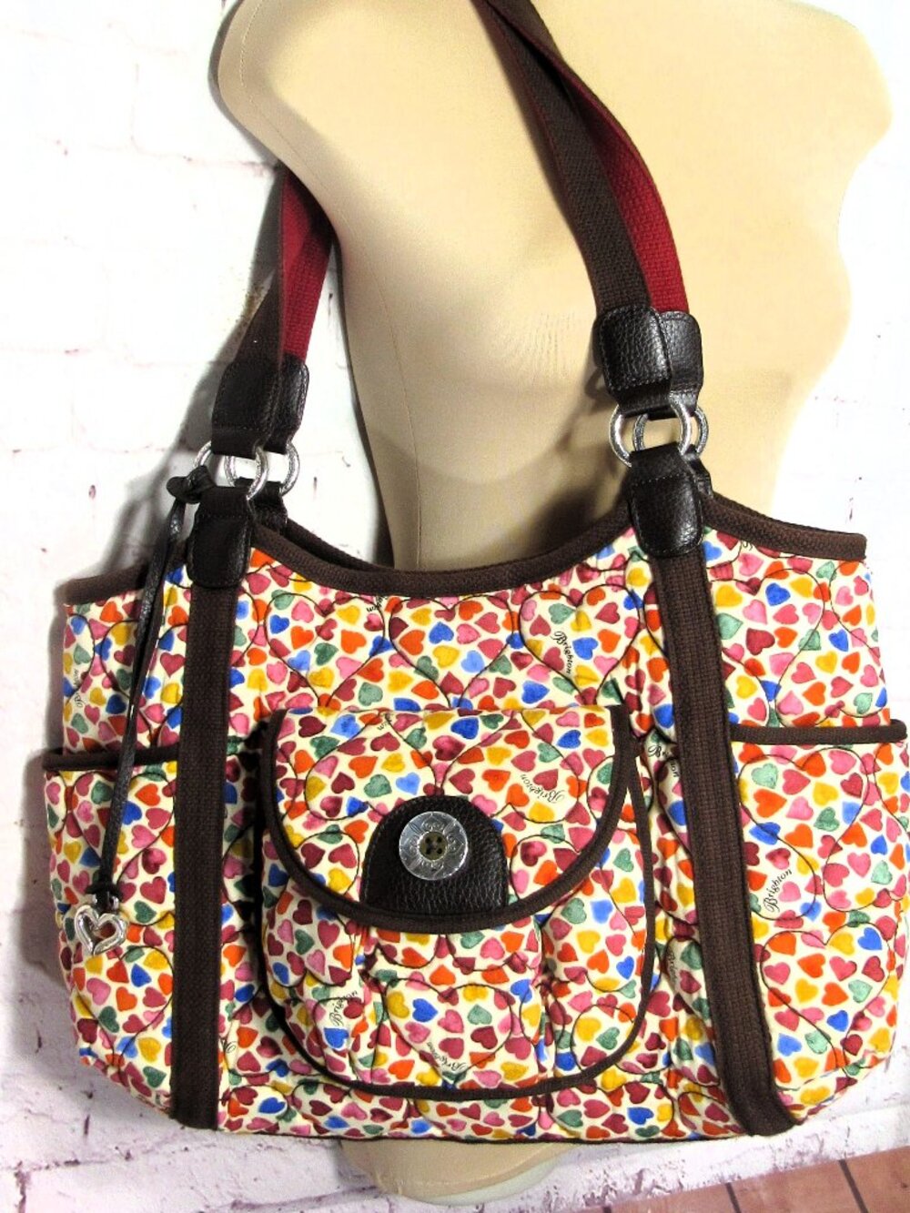 Brighton Multicolor Heart Print Satchel with Brown Trim